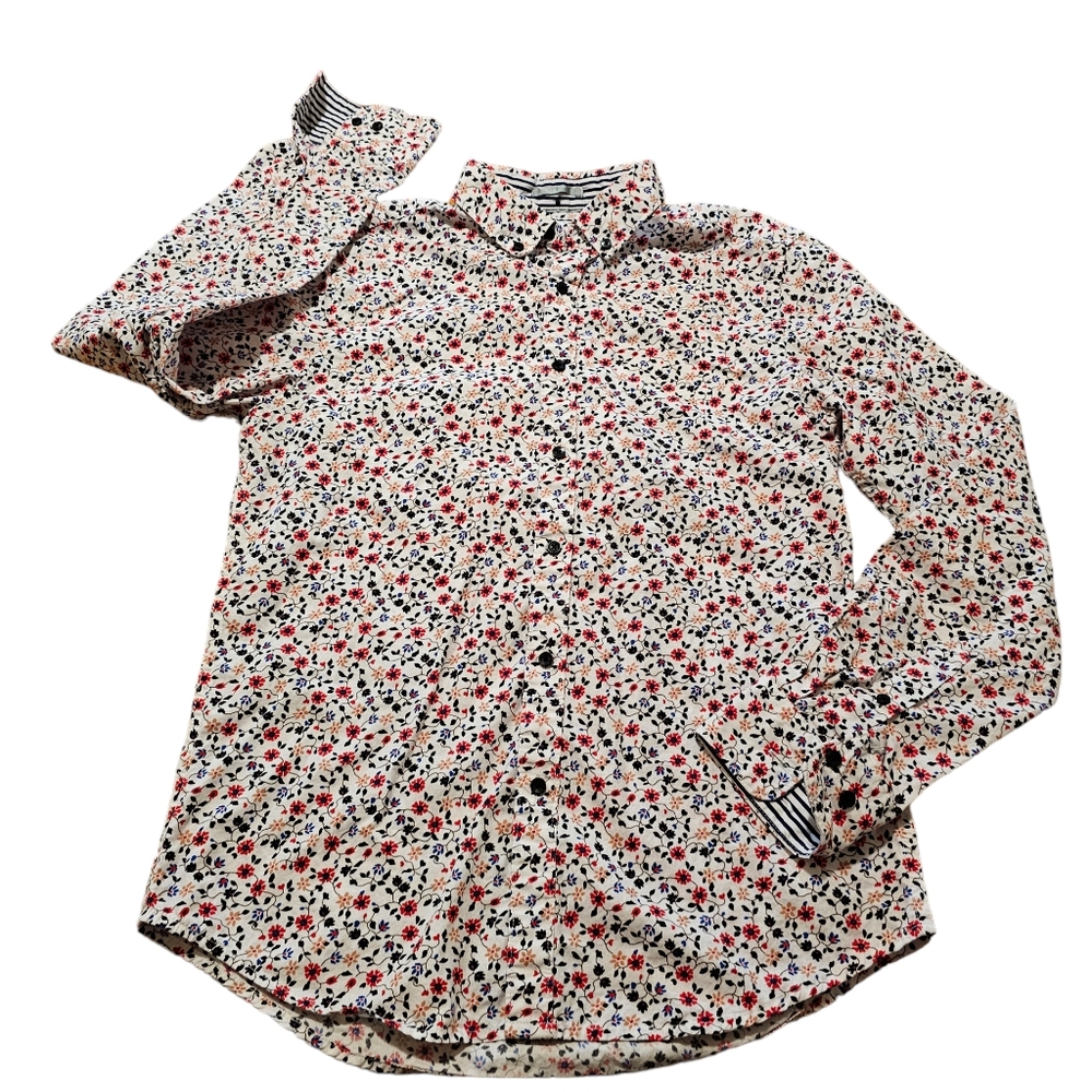Denim & Flower Floral Blouse Button Down 100% Cotton Long Sleeve Womens Small